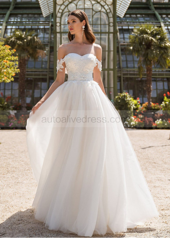 Beaded Off Shoulder Ivory Lace Tulle Wedding Dress